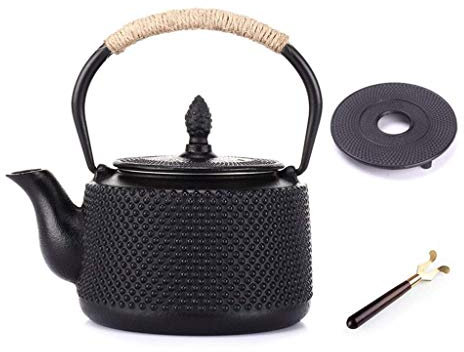 Teekanne mit Sieb aus Keramik, 1,0 l, Teekessel aus Gusseisen, Teekanne mit Sieb, Sieb-Set, schwarzer Hobnail mit Edelstahlfilter, fest