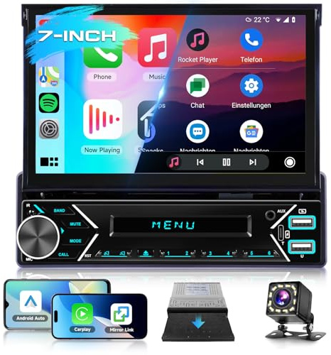 VECHTEL Autoradio 1 Din Carplay Android Auto sans Fil avec écran rétractable motorisé de 7 Pouces,Radio Bluetooth 5.1 Navi/GPS,Miroir Link FM 2 USB/AUX/Type-C avec caméra de recul,Commandes au Volant