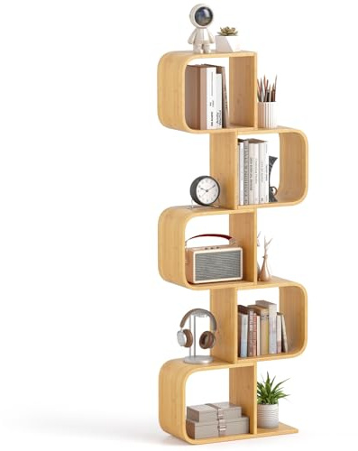 COSTWAY 2/3/4/5-Tier S-Shaped Bookcase, Bamboo Bookshelf Decorative Storage Organizer with 2/3/4/5 Open Cubes, Home Office Geometric Corner Display Shelf (1, 61 x 23 x 167 cm)