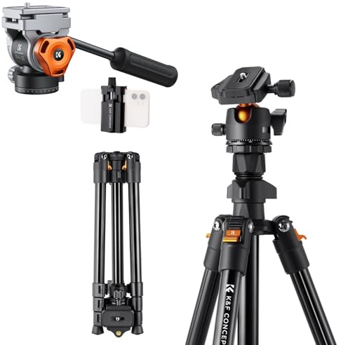 K&F CONCEPT 64 Camera Tripod O2341A1+Fluid Head with Flexible 360° Pan & +90°/-90° Tilt
