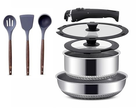 Removable Smart Handle Cookware Set 8 Piece, Stackable Camping Cookware Set, Space Saving Pots and Pans, Stainless Steel Kitchen Set, 28cm Deep Frying Pan 4.5L, 20cm Saucepan 2L