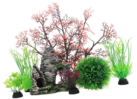 XINYIN Aquarium-Landschaftsdekoration, 7-teiliges Set mit kleinen und großen Pflanzen und Höhlenfelsen für lebendige Aquarien, Dekoration für Aquarien