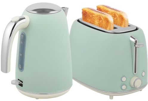 HOMCOM Wasserkocher und Toaster Set Edelstahl 2200W 1.7L Grün | 2 Scheiben, 7 Bräunungsstufen, Schnellheizung, Strix Thermostat, Antikalkfilter, Krümelschublade