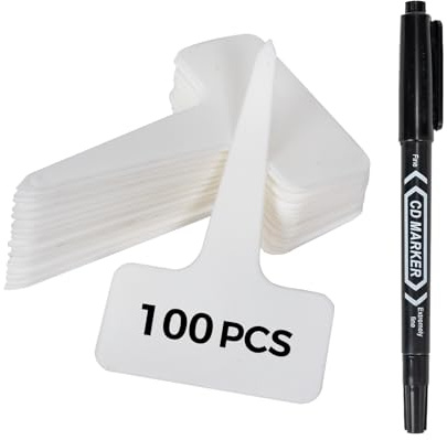 Bamworld Plant labels with marker pen – 100pcs reusable plastic T-shaped tags for outdoor plants, herbs, flowers and vegetables, durable and waterproof