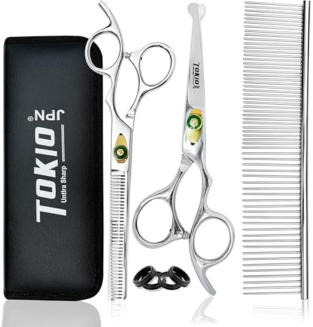 Professional Dog Grooming Scissors Set 6.5 Pet Grooming Scissors for Dogs, Cats, Rabbit & All Pets, Stainless Steel Curved Scissor with safty Round tip, thinning Scissor (3 Pieces Set)