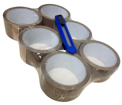 GMS – Pack 6 Rollos de Cinta de Embalar Marrón + Cutter | Precinto Adhesivo 48mm x 66m | Cinta de Embalaje Resistente para Paquetes, Cajas, Envíos y Mudanzas (6 Rollos Marrón + Cutter)
