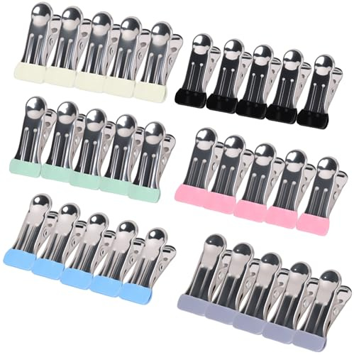 Fogbush Stainless Steel Clothes Pegs for Washing Line,30PCS Non-Slip Grip Laundry Clips for Sock Clothes Towel Multifunctional Metal Pegs with Silicone Non-Slip for Food Sealing Photos(Six Colors)