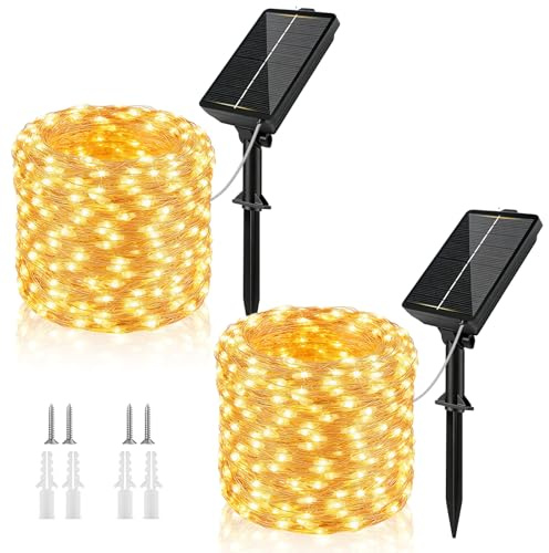 YIFMOO Lot de 2 guirlandes lumineuses solaires d'extérieur, 12 m, 120 LED, résistantes aux intempéries, 1200 mAh, 8 modes, fil de cuivre, guirlande lumineuse d'extérieur pour Noël, jardin, balcon