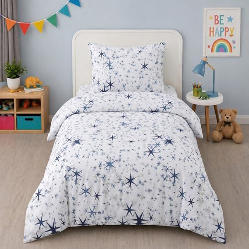 Buymax Kinderbettwäsche 135x200 cm, Sterne Weiß-Blau | 100% Baumwolle Renforcé, 1x Bettbezug 135x200 cm & 1x Kissenbezug 80x80 cm, OEKO-TEX Standard 100, weich & atmungsaktiv