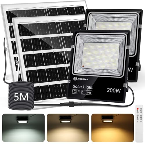 Aigostar Foco solar exterior con mando a distancia，Cable de 5m.16000mAH，Batería de gran capacidad y gran panel solar.regulable 3000/4000/6500K.Uso interior/exterior IP66:jardín，patio，camino，2 Piezas