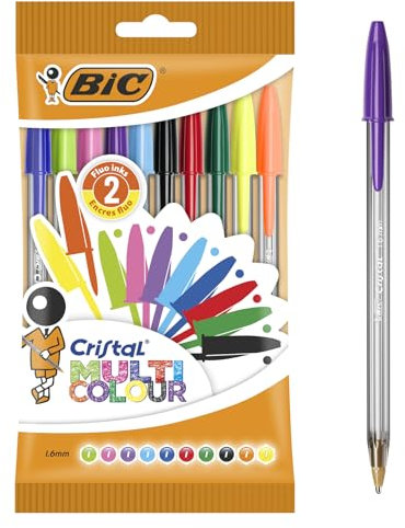 BIC Kugelschreiber Cristal Multicolor - Kugelschreiber Set (mit 10 verschiedenen Farben für Büro, Schule und Alltag) 1 Beutel mit 10 Stück