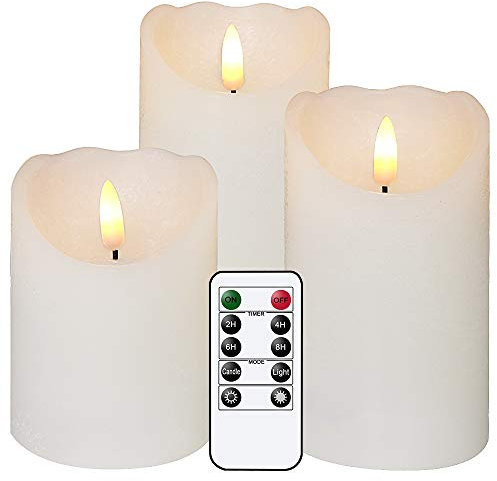 Eldnacele Flameless Flickering Candles with Remote, 3D Wick Real Wax Battery Operated White Pillar Candles with Timer Set of 3 for Home Wedding Party Christmas Decoration (D3” x H4”5”6”) White