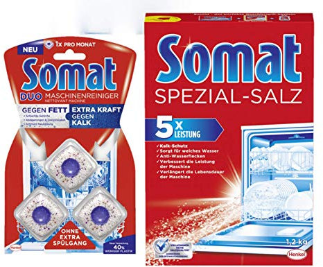 Somat 5in1 Spülmaschinen Reinigungs-Set – Spezialsalz 1,2 kg + Duo Maschinenreiniger 3 Tabs – Kraftvoll gegen Kalk, Fett & Gerüche – Für alle Spülmaschinen geeignet