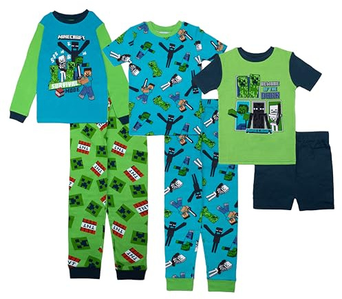 Minecraft Boys 6-piece Snug-fit Cotton Pajama Set, Blue, Green, 8 US