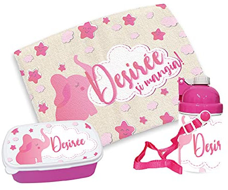 gadgeteventi Kit Pappa Bimbo per Scuola E Gite Personalizzato “Elefantino” (Rosa)