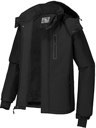 CAMEL CROWN Men's Mountain Snow Waterproof Ski Jacket Detachable Hood Windproof Fleece Parka Rain Jacket Winter Coat Black, X-Large
