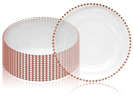 Trimming Shop Clear Glass Charger Plate with Rose Gold Beaded Rim, 12pcs | 33cm (13 Inch) Decorative Dinner Chargers for Table Setting, Wedding, Party, Home & Event Décor, Dinner Table Decoration