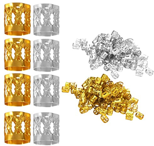 100Pcs Dreadlocks Beads Anillos de rastas de Aluminio Ajustables Decoración de Pelo Trenzado,adorno para el cabello tejido con rastas de aluminio ajustables con cuentas de rastas (oro plata)