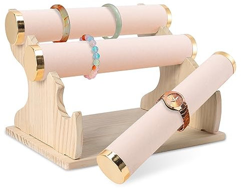 Cyrank Porta Bracciale a 3 Livelli, Porta Bracciale in Legno Espositore per Gioielli Torri per Gioielli per Orologio da Polso, Braccialetti, Scrunchies e Organizzatore di Braccialetti(Rosa)