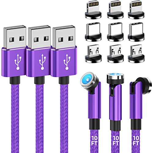 Magnetic Charging Cable [3-Pack,10FT/10FT/10FT] 540° Rotating Magnetic Phone Charger 3 in 1 Magnetic USB Cable with LED Light Nylon Braided Magnetic Charger for iProduct/Micro USB/Type C Device-Purple