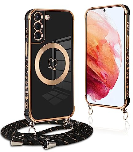 Pnakqil Handykette für Samsung Galaxy S21 5G Hülle mit Band, Kompatibel mit MagSafe, Handyhülle Ultra Dünn Silikon Magnetisch mit Herz Love Muster Schutzhülle mit Kordel für Samsung S21 5G, Schwarz