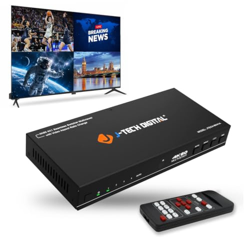 J-Tech Digital Multi-viewer HDMI 4x1 e commutatore senza soluzione di continuità 4K 60Hz | 4 in 1 Out con 8 modalità di visualizzazione, estrazione audio, cambiamento delle proporzioni, OSD, PiP, PBP,