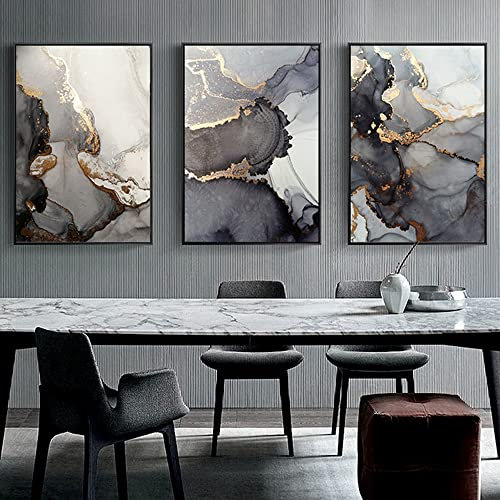 3er Set Abstrakt Poster Set Marmor Bilder Schwarz Gold Kunst Wandbild Gold Textur Fluid Bild Wohnzimmer Home Deko Poster No Frame Leinwand (Schwarz Gold,60x90 cm)