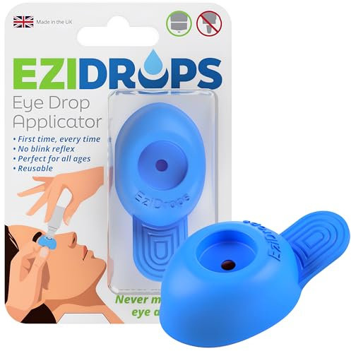 EziDrops Eye Drop Dispenser - Suitable for Wide/Flat Head Bottles Only - No More Involuntary Blinking and Fluids Wastage! - Reusable Easy Eye Drop Applicator from Young Children to Elderly (Blue)
