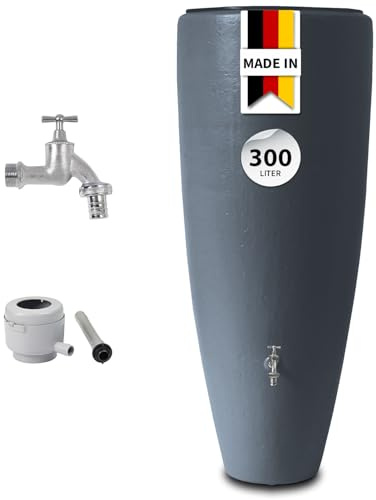 GARANTIA 2in1 Regentonne Komplett-Set 300 Liter Graphite Grey inkl. | Chrom-Auslaufhahn und Fallrohranschluss Wasserbehälter, Wassertank, Regenfass, Regentonne 300 Liter, Regenwassertonne