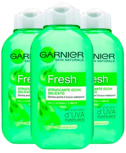 Garnier SkinActive Fresh Struccante Occhi Delicato Rimuove Trucco Waterproof con Estratto d'Uva Purificante per Pelli Normali e Miste - 3 Flaconi da 125ml