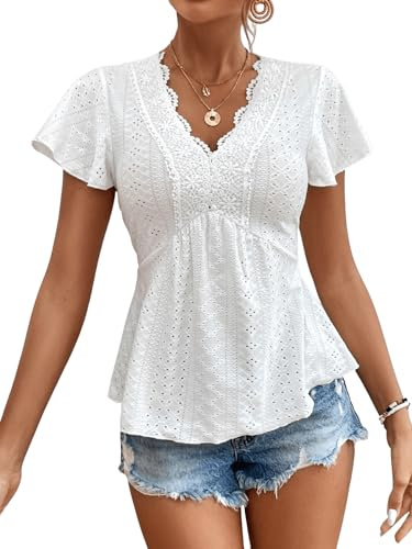GORGLITTER Bluse Mit Spitze Damen Elegant Blusenshirt Mit Stickerei Blusentop Mit Rüschen Oberteil Weiß L