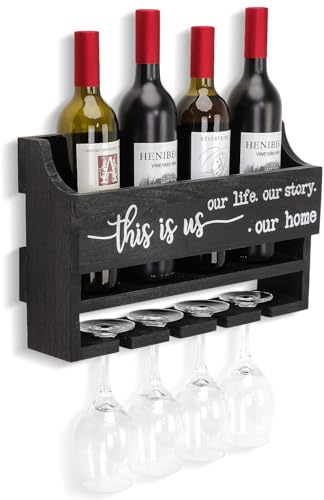 AOAOPQ Estante de vino con colgador de copas de vidrio, estante flotante para colgar en la pared, estante de madera para cocina, comedor, hogar, bar, sala de estar, color negro