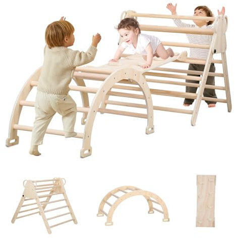 Eulenke Klettergerüst Indoor, 3-in-1 Klettergerüst mit Bogen/Rutsche/Dreieck, Lernspielzeug für 2-8 Jahre, Stabilem Baby-Klettergerüst/Kletterdreieck/Kletterbogen kinderrutsche