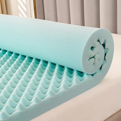 MUUEGM Mattress Topper 2 Inches Egg Crate Memory Foam Mattress Topper Queen Size, Gel Infused Memory Foam Cooling Ventilated Breathable Blue Mattress Pad Back Pain Relief