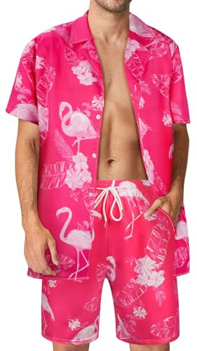 Aomig Camisa Hawaiana para Hombre, Funky Conjunto Manga Corta Camisas Hawaianas con Pantalones Cortos, Hawaii Estampado de Flamencos Shirt, Camisa Estampada con Botones Vacaciones, Rosa Roja-M