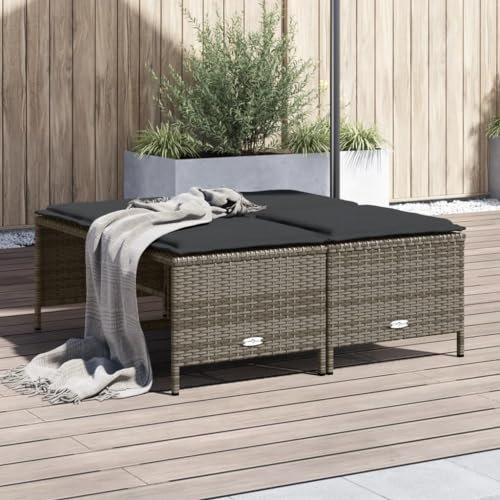 Homgoday Gartenhocker mit Kissen Sitzhocker Fußhocker Sitzhocker Balkon Gartenmöbel Hocker für Balkon Terrasse Garten 4 STK. Grau Poly Rattan