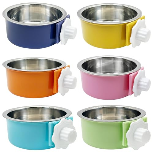 Tfwadmx 6 Pcs Crate Dog Bowl Cat Removable Stainless Steel Food and Water Feeder Hanging Cage Bowls Coop Cup with Cleaning Set for Pet Puppy Bird Rat Guinea Pig Ferret Bunny Rabbit