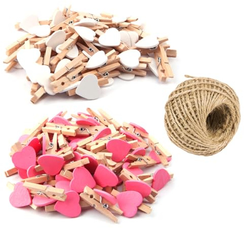 BEPSYOM 60 pièces Mini Pince à Linge Bois Le cœur Mini Pince à Linge Mariage Petite Epingle en Bois pour Photo pour Polaroid Photo avec 30ml Corde de Jute DIY Mini Epingle en Bois Photo