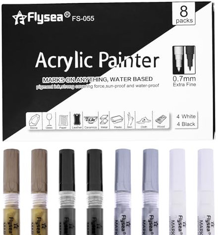 WYYFXY® 8 Stück Acrylstifte Wasserfest, Schwarz Weiß Gold Silber 0.7mm Permanent Marker Acrylic Paint Marker für Bemalen von Stein, Keramik, Glas, Metall, Kunststoff, Holz, Leder