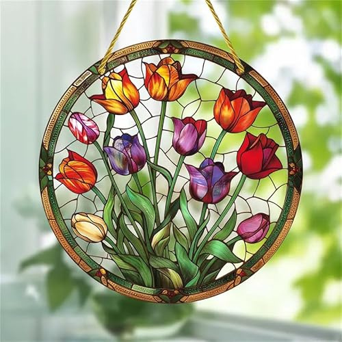 Tulpan blomma akryl färgat fönster hängande solfångare, blomma fläckad akryl solfångare fönsterprydnad målat glas panel solfångare vägg hängande dekor födelsedagspresenter