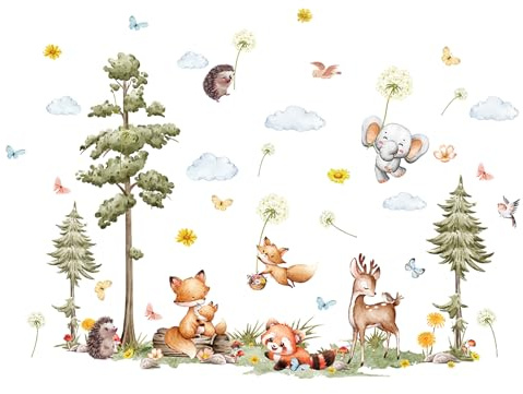 milaosk Wandtattoo Waldtiere Wandaufkleber Wald Baum Fuchs Giraffe Lgel Elefant Waschbär Tapeten Wandbild Aufkleber Wandsticker Kinderzimmer Babyzimmer Wohnzimmer Wanddeko