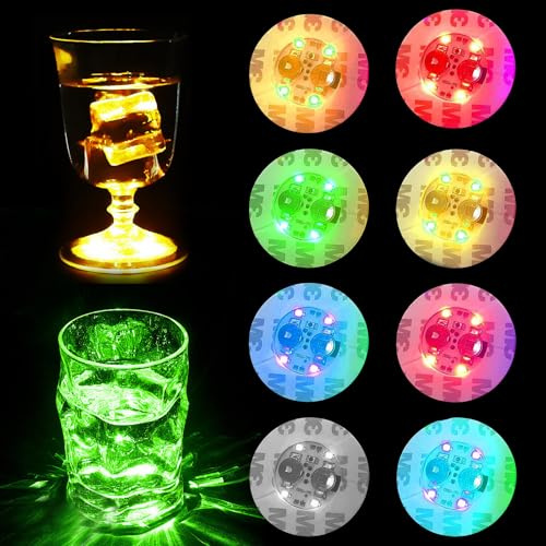 YOUYIKE 8 Stück LED-Untersetzer, LED Sticker Stimmungslichter, Bunt LED Untersetzer, Leuchtuntersetzer Rund, 3 Lichtmodi, für Hochzeiten Bar Geburtstage Leuchtende Untersetzer Gläser Party