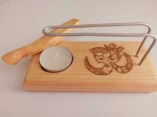 YA-DECOREGALOS Quemador de Madera con Símbolo OM para Palo Santo/Incienso/Atados. Incluye Vela, Palo Santo y Varillas Metálicas, Artesanal, Elimina Malas energias