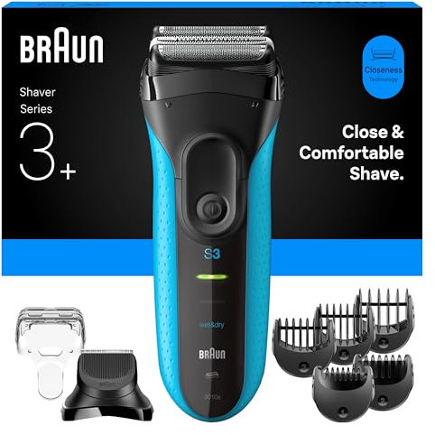 Braun Series 3+ Rasierer Herren Elektrisch, Elektrorasierer mit 3 Flexiblen Klingen, Rasierapparat Made in Germany, Barttrimmer-Aufsatz, +5 Kammaufsätze, Nass- & Trockenrasierer, 3010BT, Blau