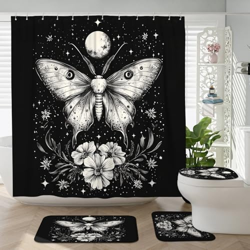 Badezimmer-Set, Gothic-Motten-Design, Bad-Accessoire mit rutschfestem Teppich, U-Form und WC-Deckelbezug, Vintage-Gothic-Insekten-Badezimmer-Dekor, 183 x 183 cm, 4 Stück