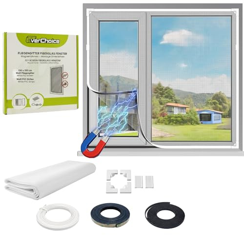 Magnetisches Fliegengitter für Fenster | 130x150 cm | Weiß | Insektenschutzgitter Fenster ohne Bohren | Zuschneidbares Mückennetz mit Magnetrahmen | Fliegennetz