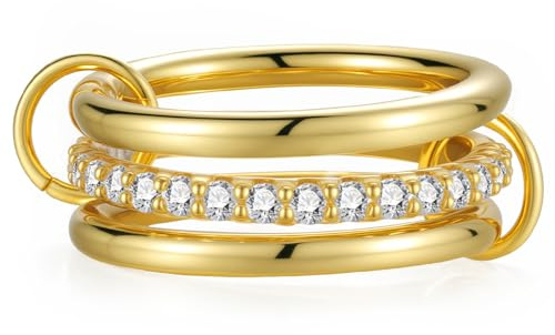 Emibele Stapelringe Für Damen Ineinandergreifende Goldringe Nicht Anlaufend Zierlich Kubikzirkonia Statement Band Multilink Verbunden Metall Stapelbänder Trendig Schmuck Geschenk Damen, Größe 7
