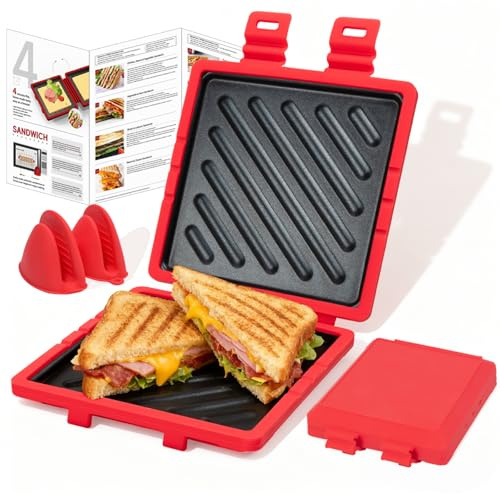 Microwave Toastie Sandwich Maker, Microwave Toastie Maker with Removable Non-Stick Plates, Quick Cooking and Easy Cleaning，Breakfast Sandwich Maker Perfect for Sandwiches,Paninis, and Fried Eggs (Red)