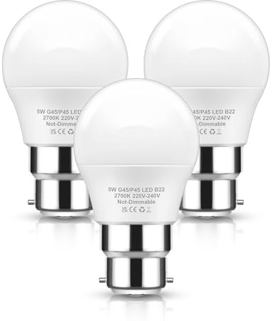 EvaStary Bayonet Light Bulbs B22 Golf Ball LED Bulbs Bayonet Warm White 3000K, 5W (40W Equivalent) G45 P45 Mini Globe Bulb, Energy Saving, Non-Dimmable, 3 Packs