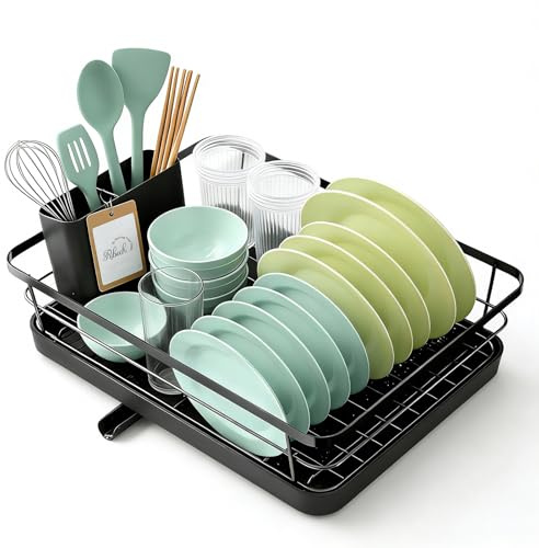 Ribech Egouttoir Vaisselle Cuisine Noir - Egoutoire Compact et Gain de Place, Seche Vaisselle en Acier Inoxydable avec Porte-Couverts, 30,5 x 38,1 x 12,5 cm